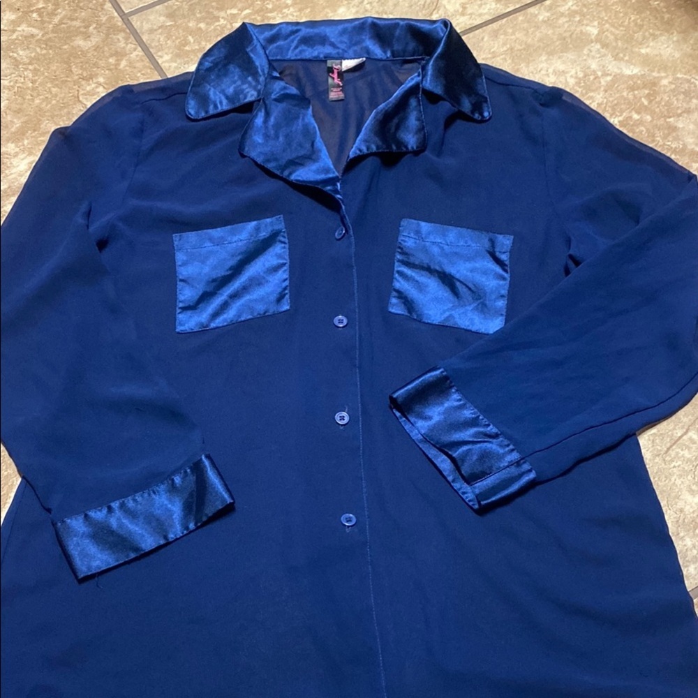 Elegant Navy Sheer Top With Satin Accents Medium Spring Royal Blue Summer